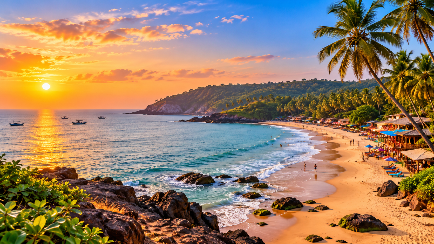 Goa beach with palm trees, golden sunset and Arabi